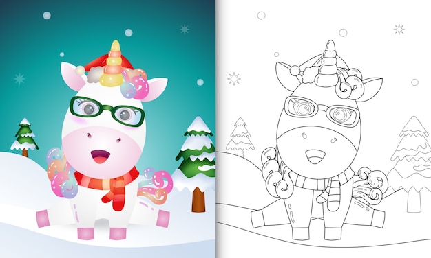 Libro para colorear con un lindo unicornio, personajes navideños con sombrero y bufanda de santa