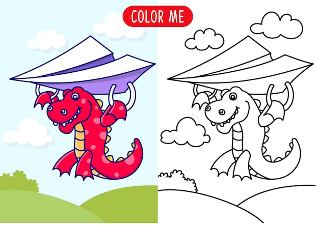 Libro para colorear con mosca dino dibujos animados dibujados a mano doodle ilustración