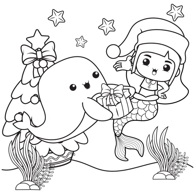 Vector libro para colorear de navidad con linda sirena girl37