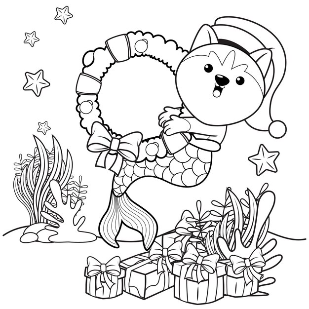 Libro de colorear de Navidad con linda sirena husky