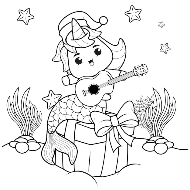 Libro de colorear de Navidad con linda sirena unicornio