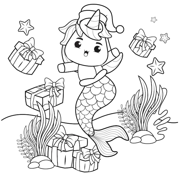 Libro de colorear de Navidad con linda sirena unicornio