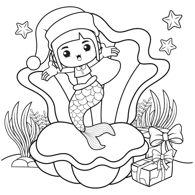 Vector libro de colorear de navidad con linda sirena