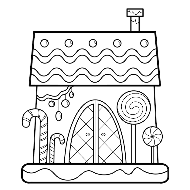 Libro de colorear de Navidad o página para niños. Ilustración de vector blanco y negro de casa de pan de jengibre
