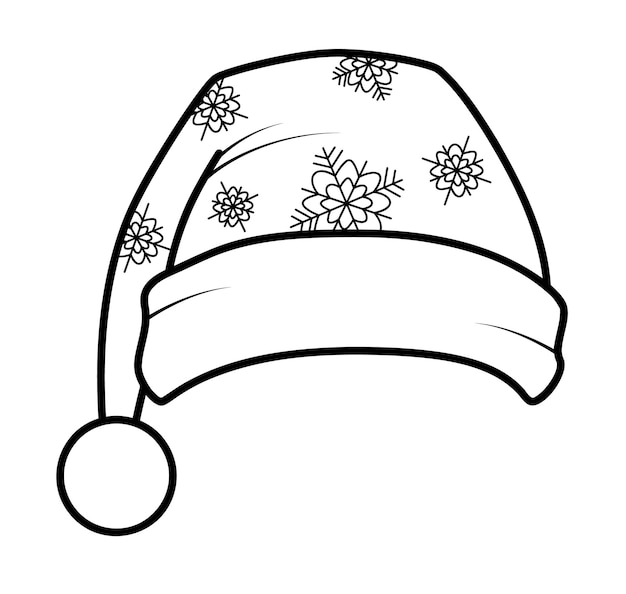 Libro de colorear de Navidad o página para niños. Ilustración de vector blanco y negro de sombrero de Santa