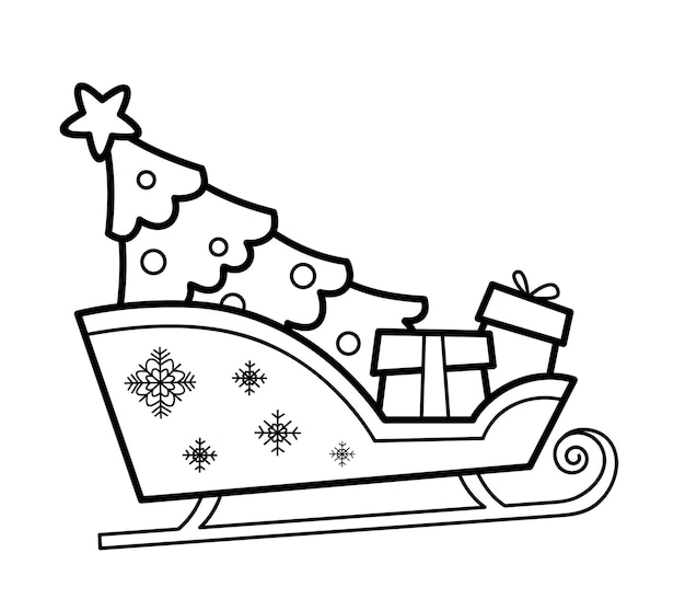 Libro de colorear de Navidad o página para niños. Ilustración de vector de trineo de Navidad blanco y negro