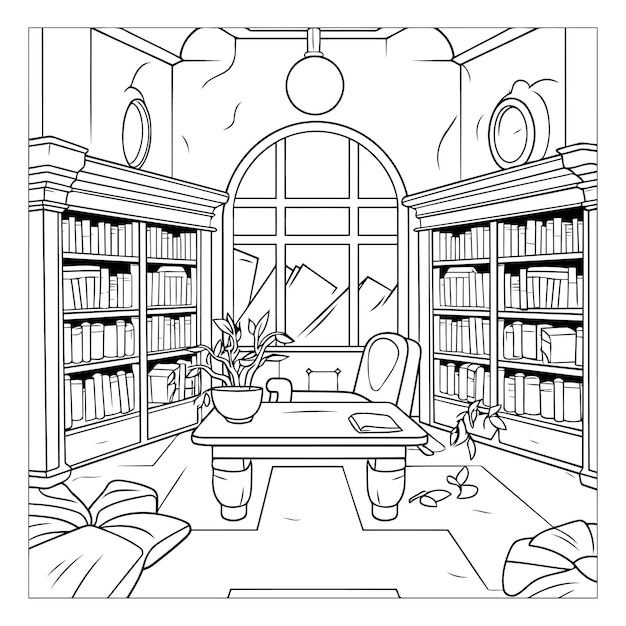 Vector libro para colorear para niños y adultos ilustración vectorial en blanco y negro de un interior de biblioteca con estanterías, estantería y silla