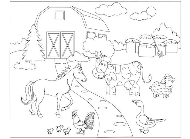 El libro de colorear para niños, los animales, el corral.
