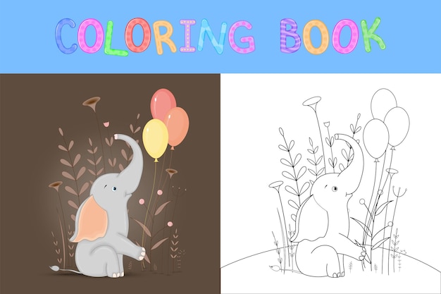 Libro de colorear para niños con animales de dibujos animados. tareas educativas para niños en edad preescolar lindo elefante.