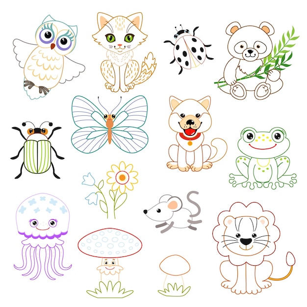 Vector libro para colorear para niños. animales divertidos, pájaros e insectos con contorno de color.