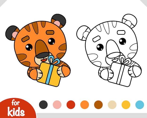 Libro de colorear para niños, año nuevo chino, tigre y regalo.