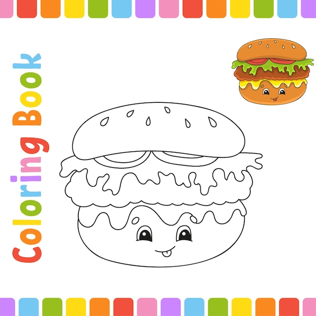Libro para colorear para niños Carácter alegre Ilustración vectorial Tema de barbacoa Página de fantasía para niños Silueta de contorno negro Aislado sobre fondo blanco