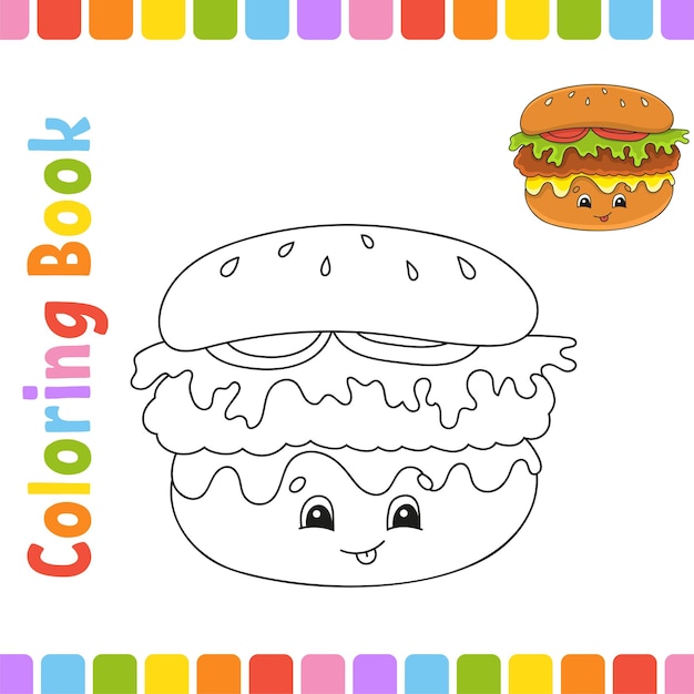 Libro para colorear para niños carácter alegre ilustración vectorial tema de barbacoa página de fantasía para niños silueta de contorno negro aislado sobre fondo blanco