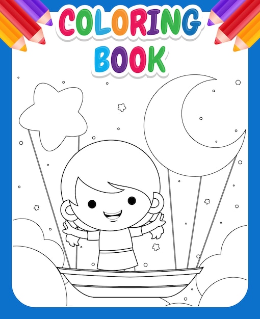 Libro de colorear para niños. Caricatura, lindo, niña, montar, en, barco volador, por la noche