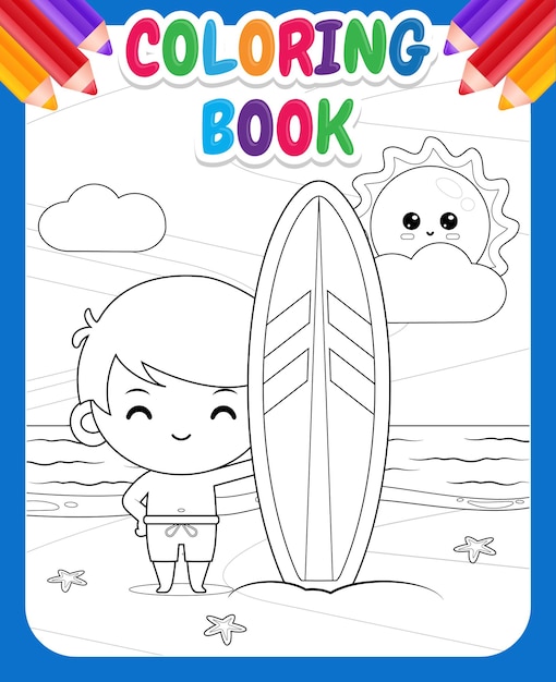 Vector libro de colorear para niños. chico lindo feliz con tabla de surf