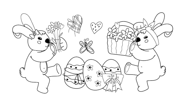 Libro para colorear para niños con conejitos de Pascua ilustración vectorial aislada