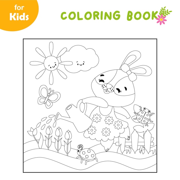 Libro para colorear para niños Conejo bailarina regando flores Pascua verano