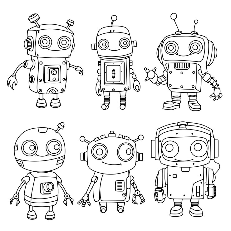 Vector libro de colorear para niños conjunto de bonitos robots ilustración vectorial en estilo doodle
