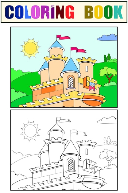 Libro para colorear para niños y conjunto de ejemplos de color Castillo de cuento de hadas en el horizonte naturaleza