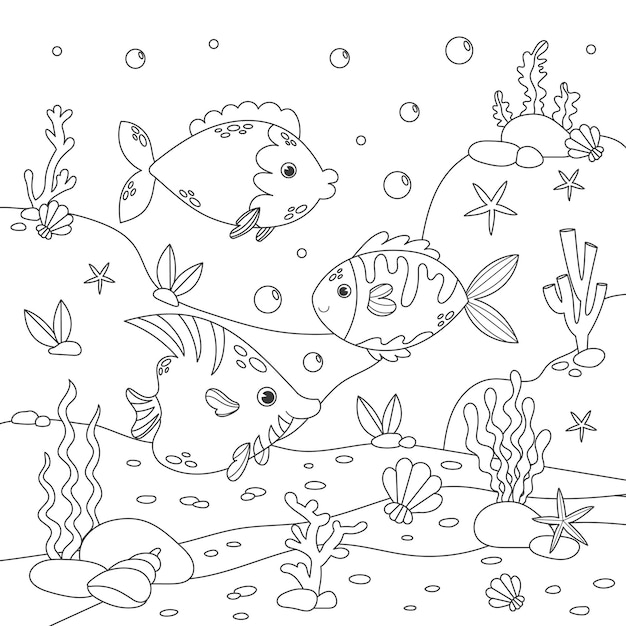 Libro para colorear para niños contra el estrés con varios peces, fondos marinos y algas