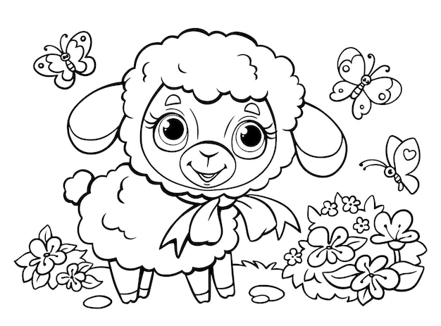 Libro para colorear para niños corderito lindo rodeado de mariposas animal de granja ilustración vectorial