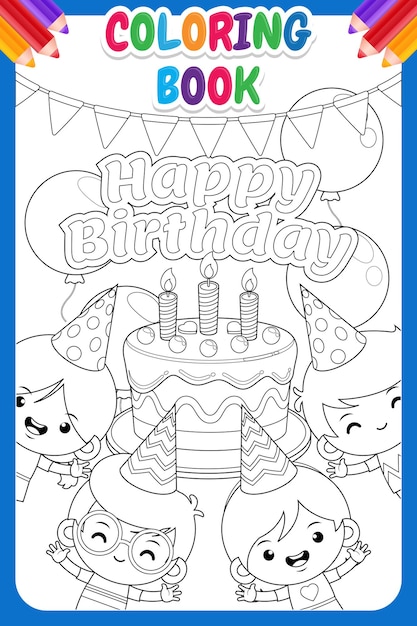 Libro de colorear para niños Cuatro niños feliz cumpleaños