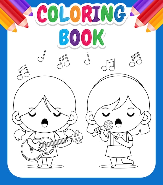 Vector libro para colorear para niños cute duo girls playing guitar canting song