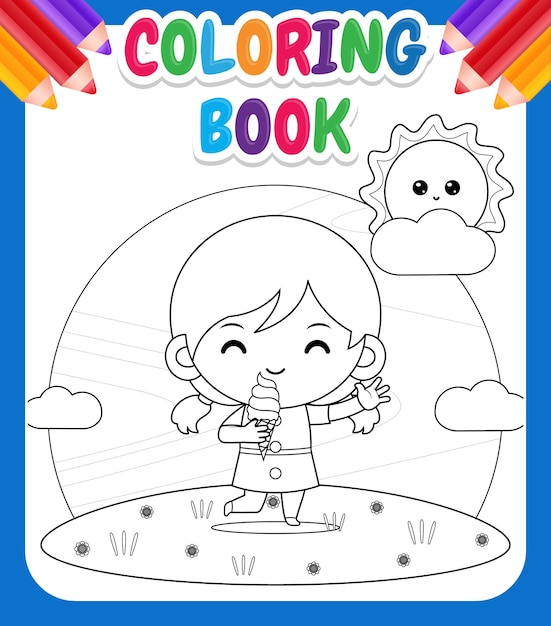 Vector libro para colorear para niños cute girl eat ice cream