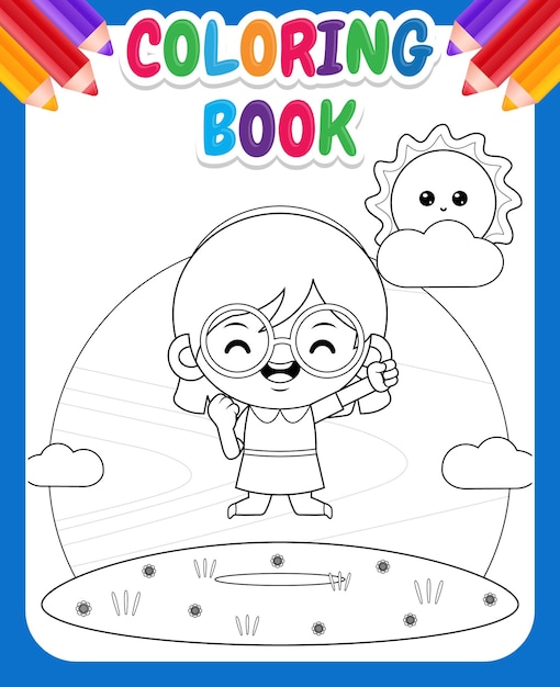 Libro para colorear para niños Cute Girl Happy Jump