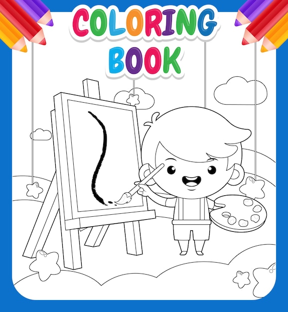 Libro para colorear para niños cute little boy painting on cloud