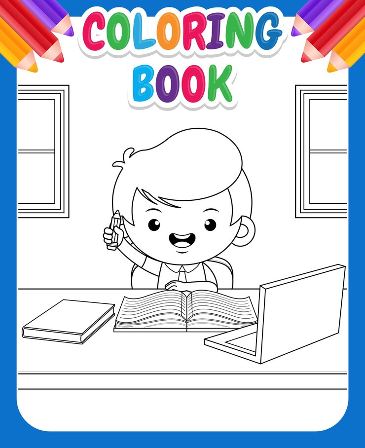 Vector libro para colorear para niños cute smart boy hand up holding pencil tener una gran idea en clase