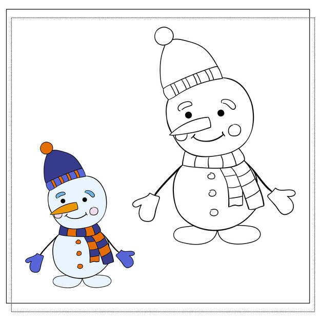 Libro para colorear para niños Dibujar un lindo muñeco de nieve de dibujos animados basado en el dibujo Ilustración vectorial