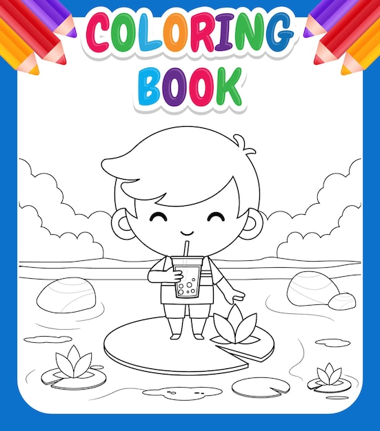 Libro de colorear para niños. Dibujos animados lindo niño de pie en Lotus, beber té de burbujas o té de perlas