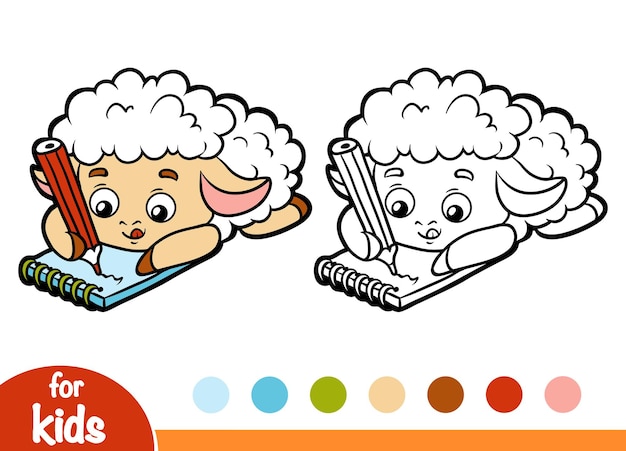 Libro de colorear para niños, escritor de ovejas con un lápiz y un cuaderno