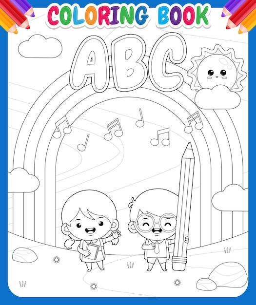Libro de colorear para niños. estudiante lindo de dibujos animados al aire libre con arco iris | Vector Premium Libro de colorear para niños. estudiante lindo de dibujos animados al aire libre con arco iris | Vector Premium