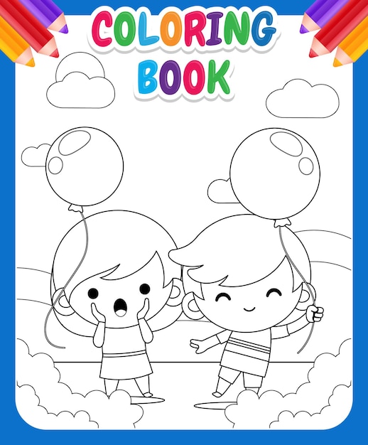 Libro de colorear para niños. Felices Niños Lindos Jugando Con Globo Ilustración Dibujos Animados