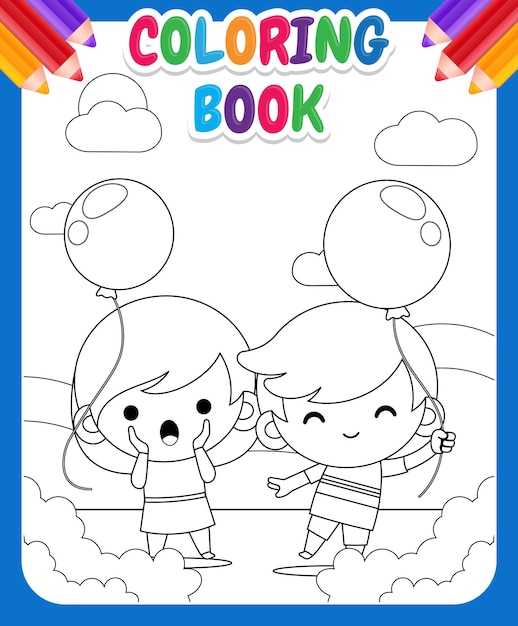 Vector libro de colorear para niños. felices niños lindos jugando con globo ilustración dibujos animados