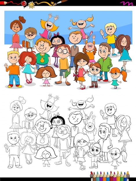 Libro de colorear de niños felices personajes grupo