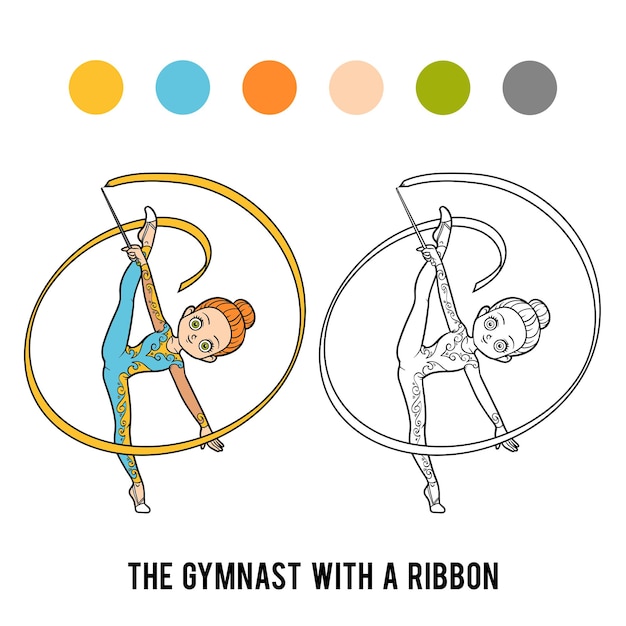 Vector libro de colorear para niños, la gimnasta con una cinta.