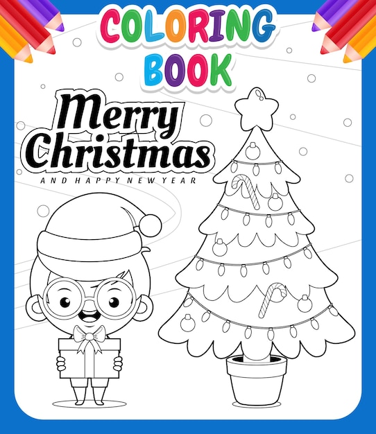 Libro de colorear para niños happy cute boy holding gift celebrando navidad y año nuevo