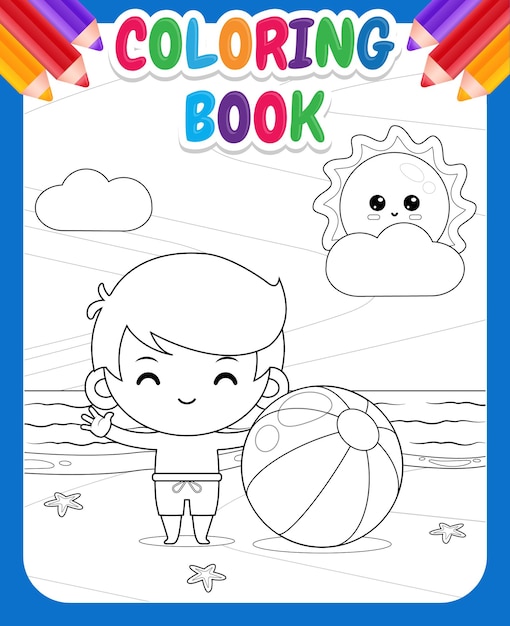 Vector libro de colorear para niños happy cute boy con pelota de playa