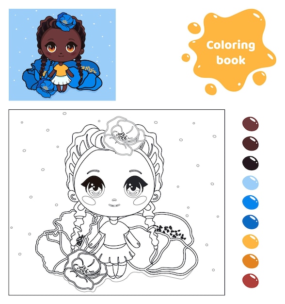 Libro para colorear para niños Hoja de trabajo para dibujar con una chica anime de dibujos animados Niño lindo con amapolas