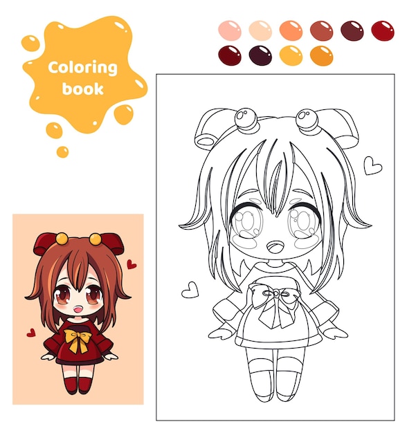 Libro para colorear para niños Hoja de trabajo para dibujar con una chica anime de dibujos animados vestida