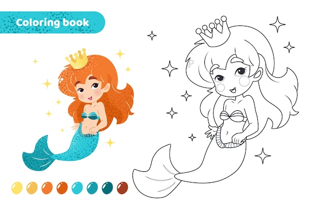 Libro de colorear para niños Hoja de trabajo para dibujar con sirena de dibujos animados Criatura mágica linda con corona
