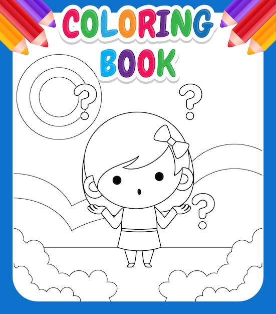 Vector libro de colorear para niños. ilustración niña linda confundida