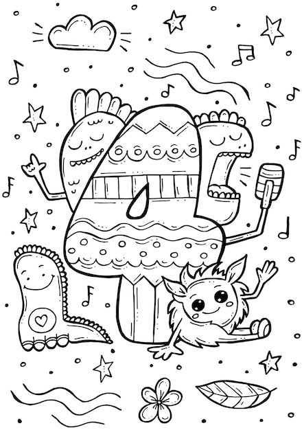 Libro de colorear para niños. Ilustración de vector de doodle dibujado a mano con números y animales. Cuatro monstruos.