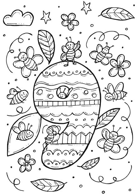 Libro de colorear para niños. Ilustración de vector de doodle dibujado a mano con números y animales. Nueve abejas.