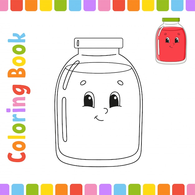 Libro para colorear para niños. Jarra de vidrio. Carácter alegre