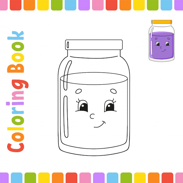 Libro para colorear para niños. Jarra de vidrio. Carácter alegre