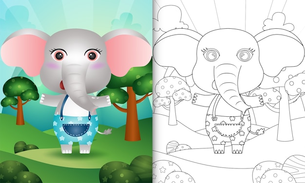 Libro para colorear para niños con una linda ilustración de personaje de elefante